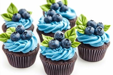 
Blueberry and chocolate cupcakes with blue frosting, on a white background, food photography. Blueberries are placed on top of the cream for decoration, with green leaves. Each cupcake contains a blu