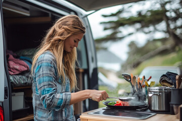 Woman cooking vegetables in van kitchen near outdoors, solo camping concept in van