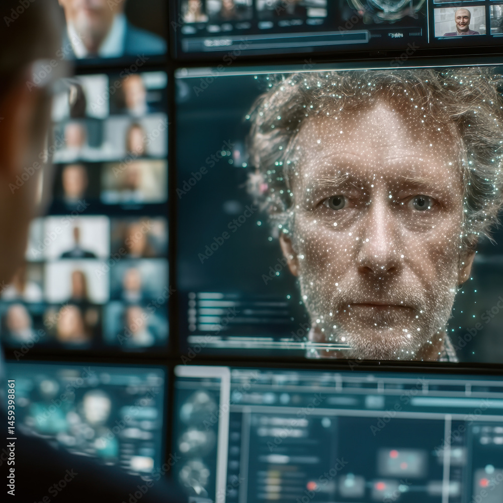 Poster hacker analyzes ai-generated deepfake faces on multiple screens in a dimly lit room