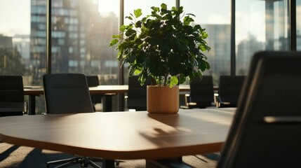 Fototapeta premium A potted plant sits on a conference table in a sunlit modern office with large windows and city views.