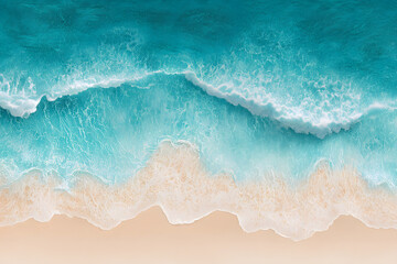 Fototapeta premium Ocean Wave Breaking on Sandy Beach: Aerial view of turquoise ocean waves rolling onto a pristine sandy beach. The image offers a serene and tranquil coastal scene.