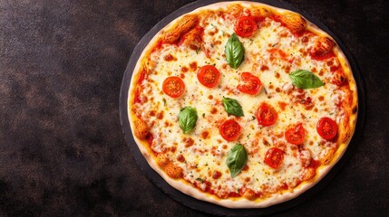 Delicious Margherita pizza topped with fresh basil and cherry tomatoes on a dark rustic background.
