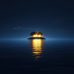 Island tree shines in dark ocean
