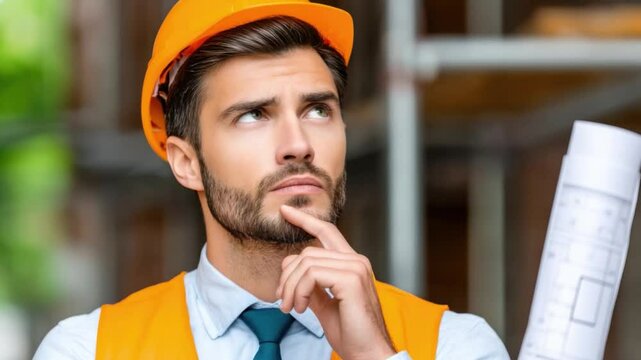 Thoughtful construction worker in hard hat contemplating project plans in outdoor setting, focused expression