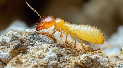 Close-up view of a termite on a light-colored rocky surface.
