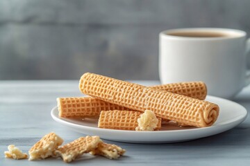 Product photography of the popular Korean-style ginger-filled wafer sticks. There is one rolled-up wafer stick on a white plate and some broken pieces in front,