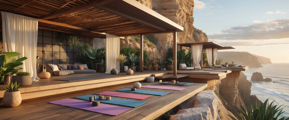 Fototapeta premium Luxurious yoga studio with ocean views on cliffside deck during golden hour