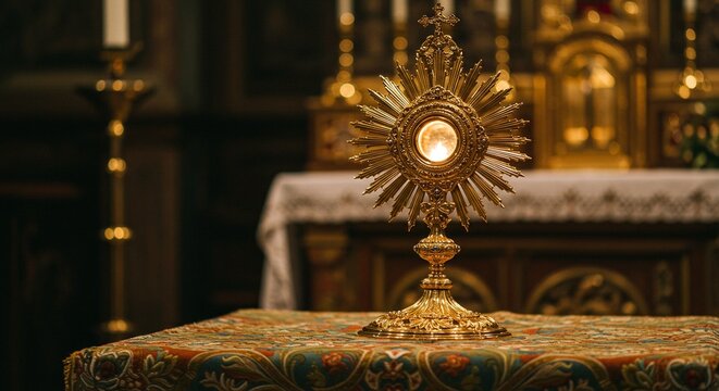 Golden monstrance with host on patterned cloth in church with altar and candles in the background