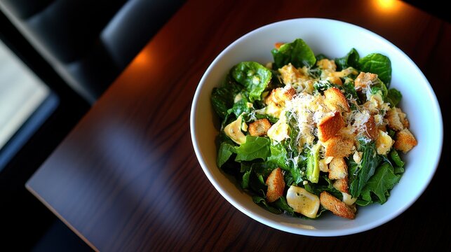A fresh Caesar salad with croutons, spinach, egg, and grated cheese served in a white bowl on a wooden table.