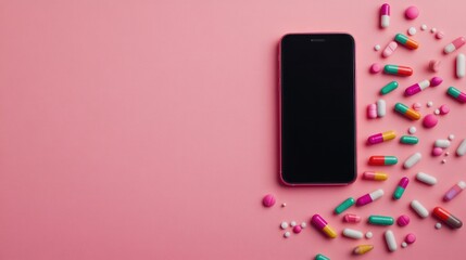 Pink Smartphone and Colorful Pills on Pink Background