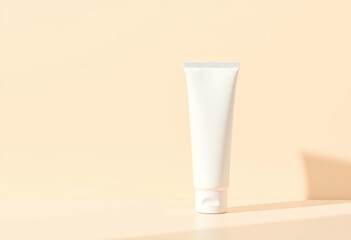 Two sleek skincare tubes, minimalist design, beige background, daylight, contrasting colors, design, skincare routine