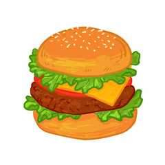 Delicious juicy hamburger with a beef patty, cheddar cheese, fresh lettuce, and tomato in a sesame bun. Hand-drawn colorful fast food illustration on a white background.
