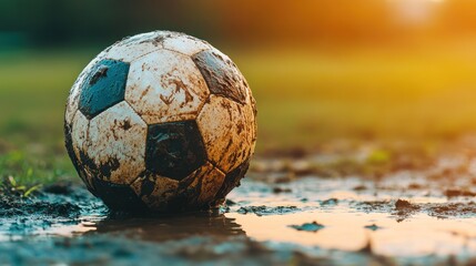 Muddy Soccer Ball in a Puddle: A Post-Game Scene
