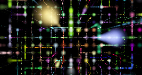 3D abstraction with cubes symbolizing quantum computing, blockchain and server technologies. Futuristic design reflecting big data processing and artificial intelligence.
