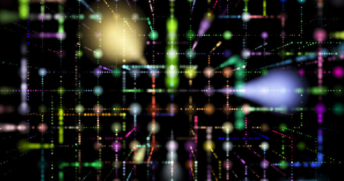 3D abstraction with cubes symbolizing quantum computing, blockchain and server technologies. Futuristic design reflecting big data processing and artificial intelligence.