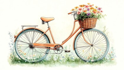 Fototapeta premium Vintage bicycle with flower basket, watercolor illustration.