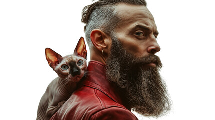 Bearded man with sphynx cat peeking from behind his back, high-res PNG
