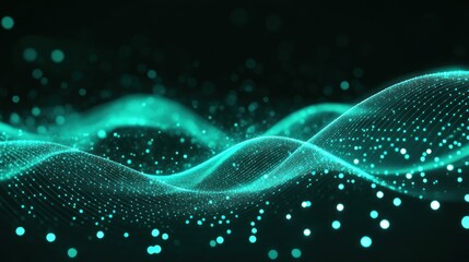 Abstract turquoise mesh wavy lines and glowing particles