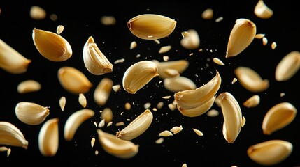Garlic cloves in mid-air, a dynamic display