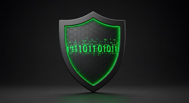 A black shield displays glowing green binary code and a digital pattern, symbolizing robust cybersecurity, data protection, and defense against online threats.