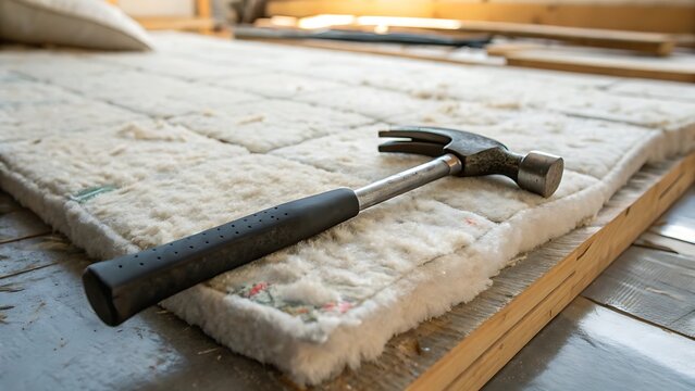 A hammer resting on soft insulation material