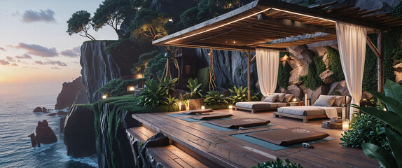 Naklejka na ściany i meble Luxury outdoor wellness area with yoga mats overlooking ocean sunset view