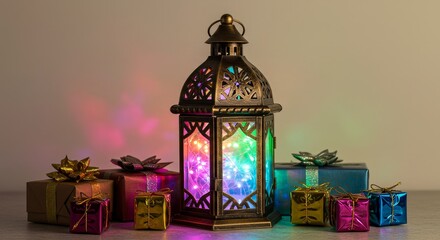 Obraz premium Festive Illuminated Lantern with Gifts - A beautifully crafted lantern illuminated with colorful lights sits amidst a collection of wrapped gifts, creating a warm and celebratory atmosphere