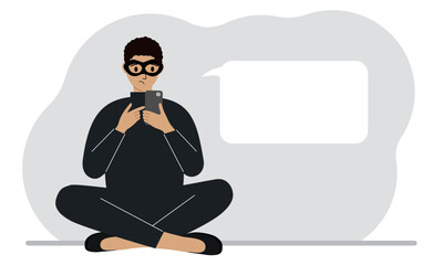Hacker in a black mask with a mobile phone. The cybercriminal is holding a smartphone. Cyber attack, mobile phishing, scam. Vector flat illustration