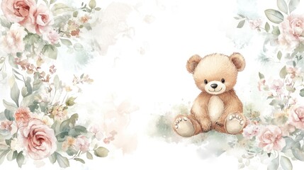 Adorable Watercolor Teddy Bear Amidst Blooming Roses: A Sweet and Gentle Illustration