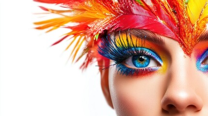 Colorful eye makeup and feathered headdress