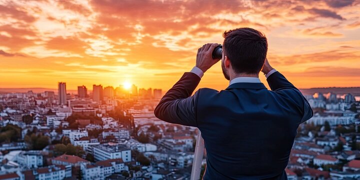 Businessman observes sunrise over cityscape with binoculars