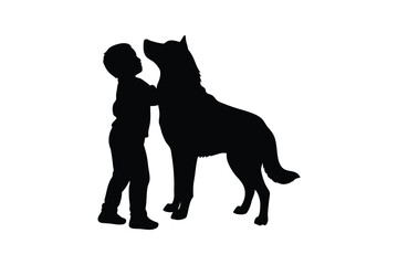 Silhouette art illustration of a child hugging a large dog.eps