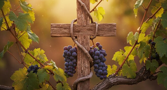 A rustic wooden cross entwined with grape vines and bunches of grapes in a vineyard setting