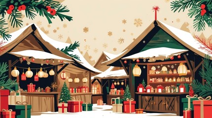 Snowy Christmas Market: Festive Wooden Stalls, Gifts, and Warm Holiday Cheer