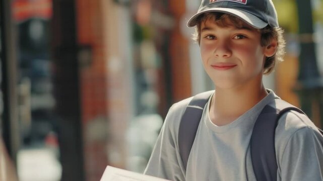 This cheerful boy stands on a busy street, delivering food with a smile, wearing a baseball cap.