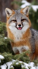 Fototapeta premium Gray Fox Portrait in Winter with Snow and Evergreen Foliage, Facing Forward
