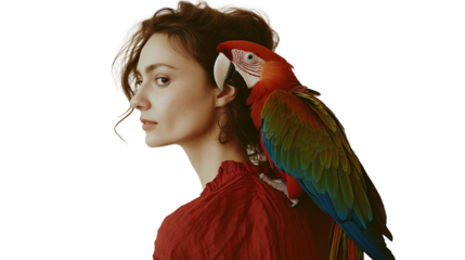 Woman with parrot perched on her shoulder, white backdrop, waist-up view