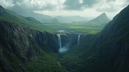 Lush valley with cascading waterfalls
