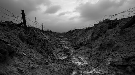 Desolate no man's land between trenches marked by barbed wire and the scars of conflict
