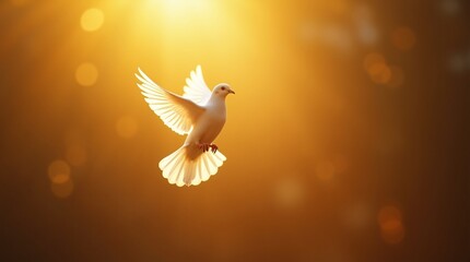 A white dove flying in a bright golden light with its wings spread wide open in the golden sunlight