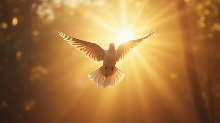 A white dove flying towards the light with its wings spread wide in a golden and bright environment