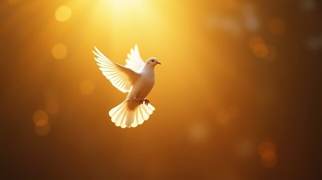 A white dove flying in a bright golden light with its wings spread wide open in the golden sunlight