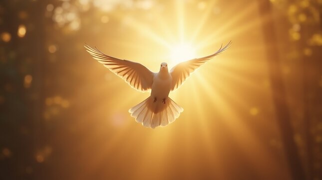 A white dove flying towards the light with its wings spread wide in a golden and bright environment