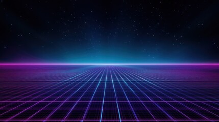 Retro neon grid and night sky background