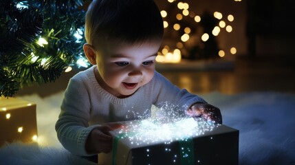 Baby opening magical christmas gift box sparkling lights