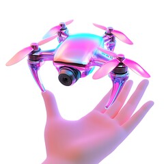 Colorful drone hovers over hand