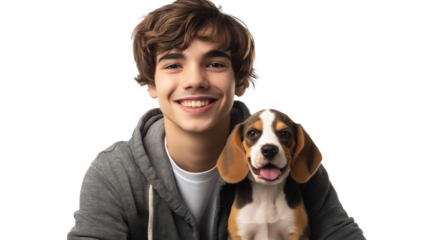 Smiling teenager and his beagle puppy, studio light, isolated PNG on white