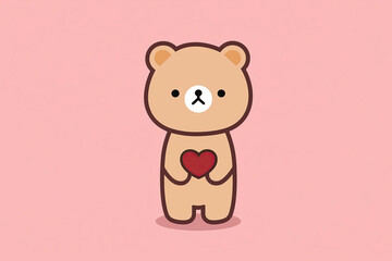Obraz premium Cute brown cartoon bear embracing a red love heart on pink background with copy space