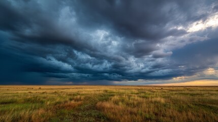 Obraz premium Storm clouds loom over prairie as golden light pierces through, nature's dramatic contrast unfolds 
