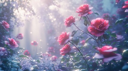 Misty rose garden, sunlight